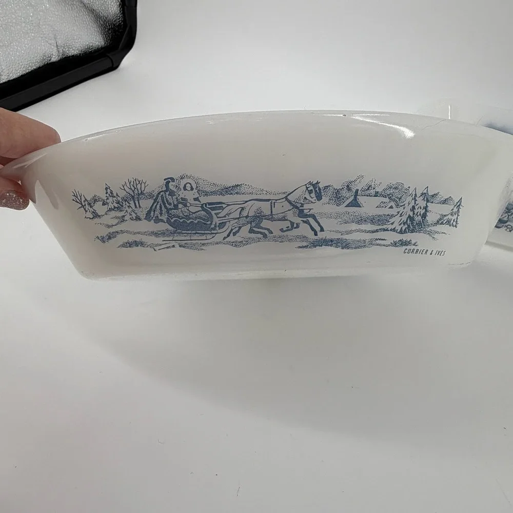 Vintage Currier Ives Milk Glass Blue Scenic Farm Loaf Pan Divided Casserole Dish